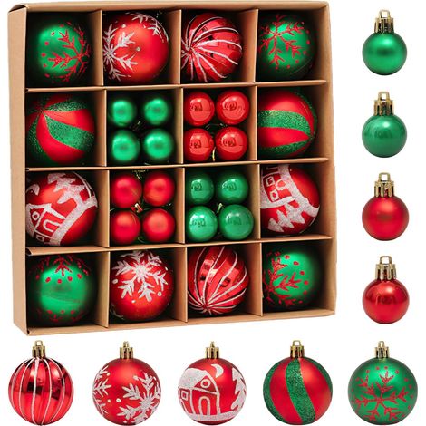 Lot de 42 petites boules de Noël en plastique incassable à suspendre pour sapin de Noël, fêtes, mariage (rouge, vert) (1/5)