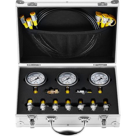 VEVOR Kit per Prova di Pressione Idraulica, 250/400/600 Bar, 3 Manometri 9 Giunti di Prova 3 Tubi di Prova, Set di Misuratori per Prova Idraulica per Escavatori Trattori Macchine Edili (1/5)