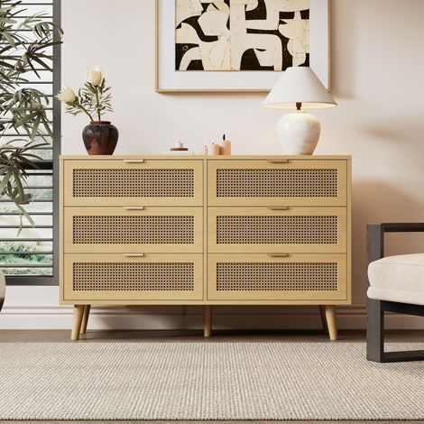 Commode avec 6 tiroirs – Buffet en bois avec poignées métalliques, grand espace de rangement pour chambre, salon et bureau, dimensions : L120 × H76,5 × P40 cm