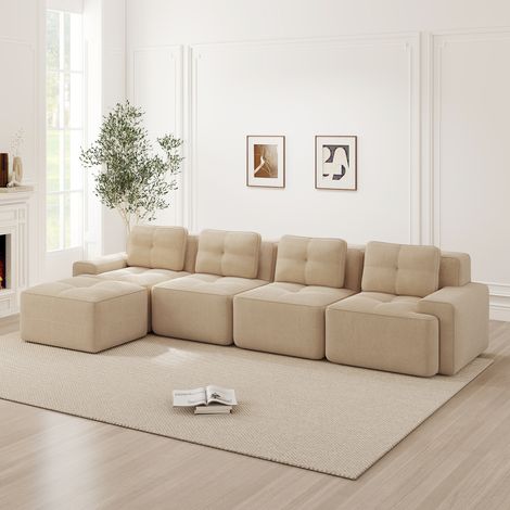 Canapé modulare in velluto a coste beige con chaise longue a L, 4 posti, seduta profonda 74 cm, senza montaggio (1/5)