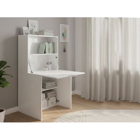 Dmora - Escritorio Ddossen, Mueble multiusos con baldas y encimera, Mesa de oficina multiusos, Escritorio multiposiciones ahorrador de espacio, 100% Made in Italy, cm 70x35h140, Blanco brillo