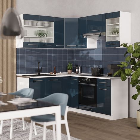 Muebles de cocina Fame-Line, Azul oscuro alto brillo/Blanco, 190 x 160 cm, ET Mármol, Vicco (1/5)