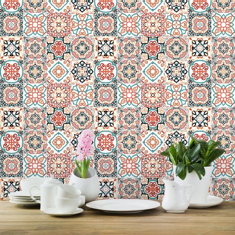 Sticker Mural Carrelage adhésif Cuisine Salle de Bain - 24 STICKERS CARREAUX DE CIMENT AZULEJOS TISILA - 24stickers10x10cm (1/5)