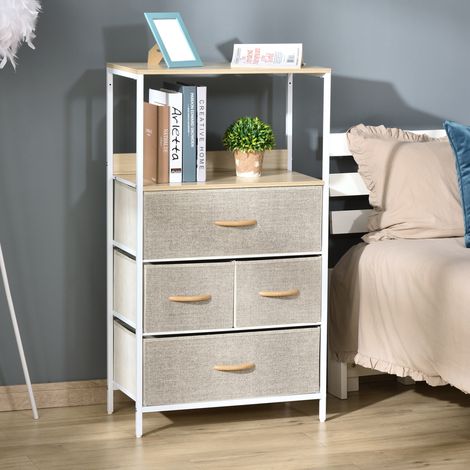 Cassettiera in tessuto con 4 cassetti, vano a giorno e struttura in metallo, ideale per camera da letto o corridoio, colore grigio. (1/5)