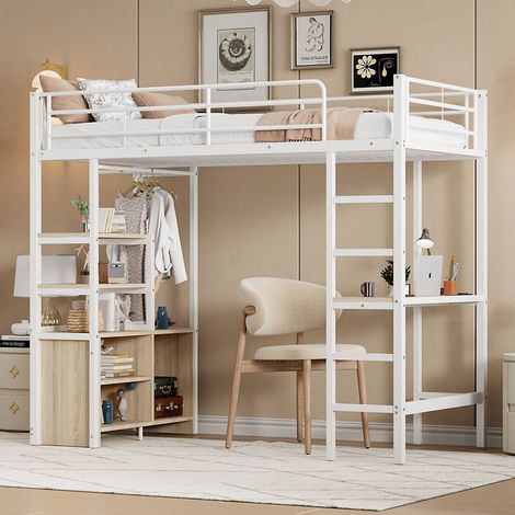 Lit mezzanine 90 x 200 cm bureau étagères usb garde-corps échelle métal blanc (1/5)