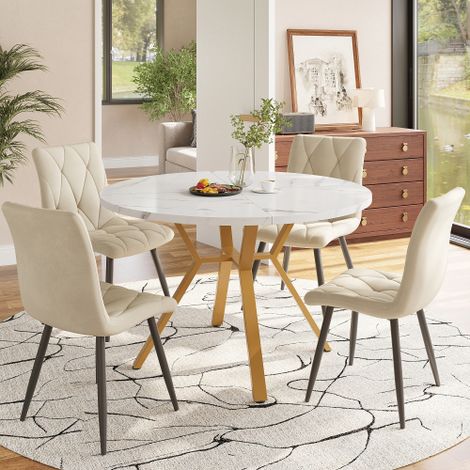 Ensemble de salle à manger, ensemble table et chaises (5 pièces), style moderne et épuré, table ronde en marbre, pieds de table en métal doré + 4 chaises ergonomiques en velours beige.