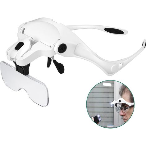 BEBUSINGOTO Loupe mains libres avec 2 lumières LED 5 lentilles interchangeables 1,0x à 3,5x (1/5)