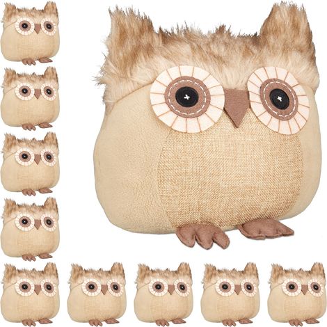 Relaxdays 10x Owl Doorstopper, Decorative Floor Bumper, for Inside, Sand-Filled Fabric Door Stop, 21 x 22 x 19 cm, Brown