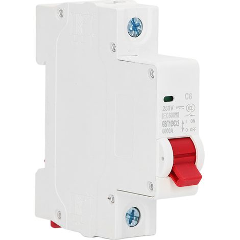 Disjoncteur monophasé 250 V CC, 6 A, montage sur rail DIN, pouvoir de coupure de 6000 A