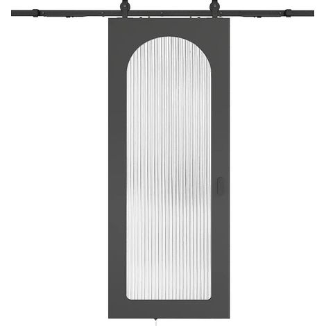 Porte coulissante avec système en applique en bois et MDF - arche noire et verre trempé cannelé - H205 x L93 cm - ODEZA (1/3)