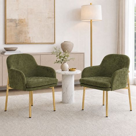 Chaise de salle à manger - 61 x 59 x 78.5 cm - lot de 2 fauteuil rembourré avec accoudoirs pieds réglables style moderne métal tissu - vert (1/5)