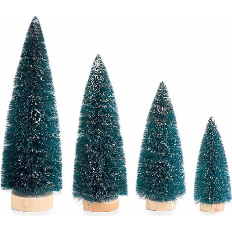 Alberi di Natale decorativi artificiali innevati su base in legno, set da 3 pezzi, Maxi: Ø 10 cm x 30 H