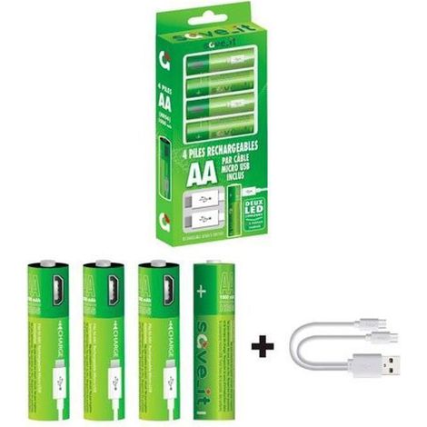 Piles Rechargeables - Pack de 4 - Cordon Micro USB inclus - 1000 mAh - Rechargeable