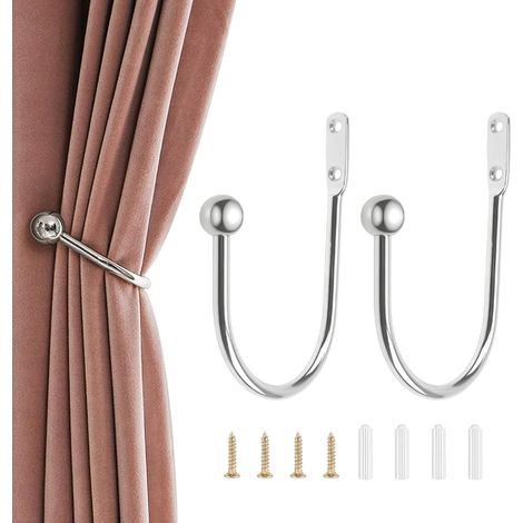 2 Pièces Embrasses Rideau Crochet, Attache Retenue Rideaux Muraux Métal en Forme de U, Crochets à Visser pour Rideaux Fenêtre ou Douche, Support Rideau Mural Décoratif Antirouille avec Vis Argent (1/5)