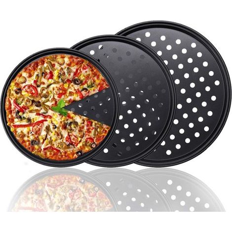 Set da 3 pezzi: - teglia rotonda per pizza - teglia da forno per pizza - teglia antiaderente per pizza - teglia forata in acciaio al carbonio (1/5)