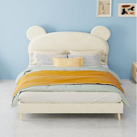 Lit enfant rembourré moderne 140x200 cm avec tête de lit peluche oreilles d’ours, structure métal, beige, avec matelas à ressorts ensachés (1/5)