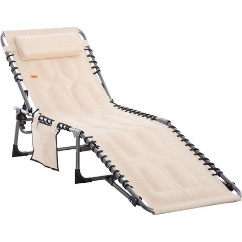 Transat pliant avec appui-tête, poche latérale, dossier réglable 5 positions, résistant aux intempéries (supporte jusqu'à 130 kg), pour jardin, plage, piscine, beige (1/5)