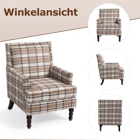 S001, fauteuil d’appoint rembourré, fauteuil vintage en tissu lin marron avec garniture à clous décoratifs pour le salon (1/5)