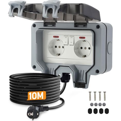 GARRYFIZH Prise Extérieure IP66 10m Câble Interrupteur Voyant (1/5)