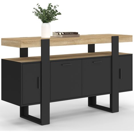 Idmarket – Buffet 140 cm 4 portes noir et bois – Structure massive – Dimensions L. 140 x l. 40 x H. 80 cm – Meuble de rangement moderne