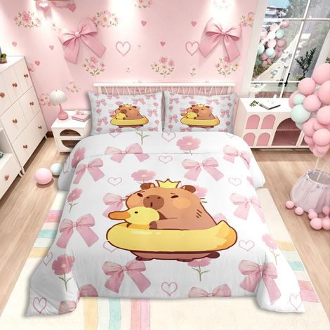 Parure de lit avec housse de couette 135 x 200 cm Motif nœud rose avec couronne canards bouée de natation Motif cœurs et fleurs (1/5)