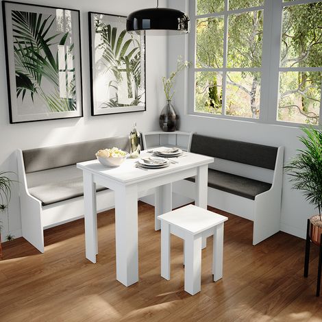 Conjunto con banco esquinero Roman, Blanco, 180 x 41.5 cm con mesa, Vicco