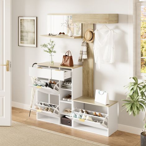 Ensemble d’entrée 4 pièces 130 × 30 × 174 cm– Meuble à chaussures, banc, miroir mural & panneau porte-manteaux – Garde-robe murale complète avec tablette – Pour hall, couloir ou entrée