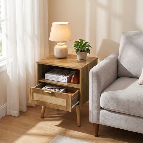 Comodino in rattan 45x40x55 cm con cassetto e ripiano aperto, stile bohémien, MDF noce (1/5)
