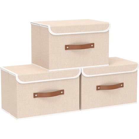 Lot de 3 Caisse de rangement, Tissu, Pliable, Avec couvercle, Poignées renforcées, Lavable, Pour vêtements, Serviettes, Chambre