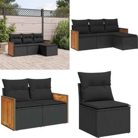 4-tlg. Garten-Sofagarnitur mit Kissen Schwarz Poly Rattan - Gartensorte - Gartenmöbelset - Rattan Möbel - Lounge Set - Esszimmergarnitur - Home & Living (1/5)