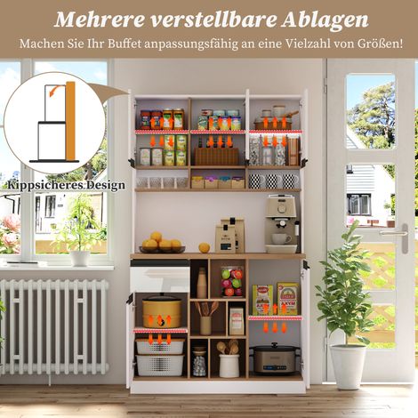 Meuble cuisine moderne 105×45×185cm blanc buffet portes haute brillance poignées métalliques étagères tiroirs anti-basculement.