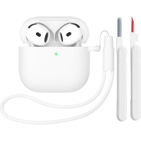 Coque en Silicone Compatible avec Airpods 4 2024, Housse Protecteur pour AirPods 4ᵉ Génération avec Kit de Nettoyage, Étui de Protection Souple pour Airpods 4, LED Avant Visible, Blanc (1/5)