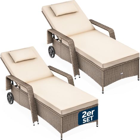 Casaria® Sun Lounger Set of 2 with Wheels, 7cm Cushion, Extra Wide, 90cm Garden Lounger, Weatherproof, 165kg Load Capacity, Patio, Balcony, Furniture, Deck Chair Cream (1/5)