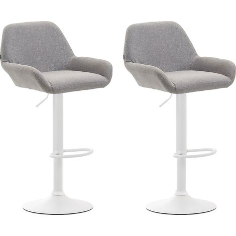 Set 2 sgabelli bar con poggiapiedi ad arco in metallo bianco, seduta in tessuto grigio 100004043
