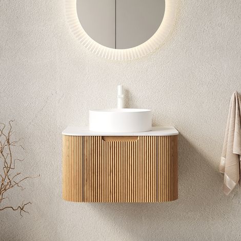 Meuble vasque suspendu 61 cm moderne avec vasque céramique, plan blanc effet Carrara et 1 tiroir bois naturel (1/5)