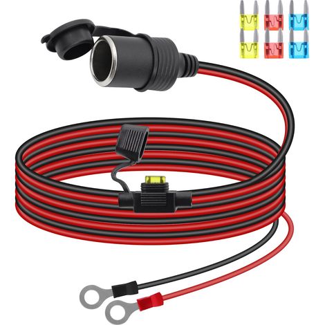 Câble de Rallonge pour Prise Allume-Cigarette 12V/24V, Prise Allume-Cigarette Femelle vers Borne à Anneau en O avec Couvercle étanche et Fusible 20A pour Voitures, Bateaux, etc.(3M) (1/5)