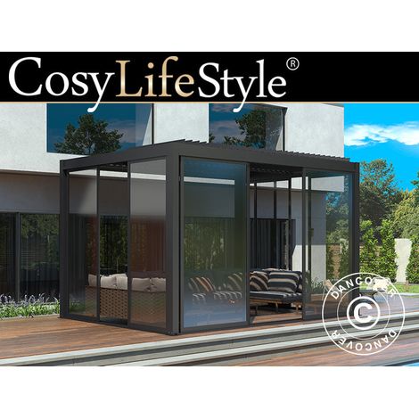 Bioklimatischer Pergola-Pavillon San Pablo Alu+ mit Schiebetüren, 3x4m, Schwarz - Dancover