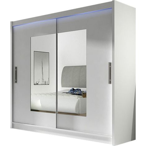 Mirjan24 – Armoire coulissante blanche 215x180x58cm – 5 étagères – Éclairage LED intégré – Miroir – Stratifié durable (1/4)