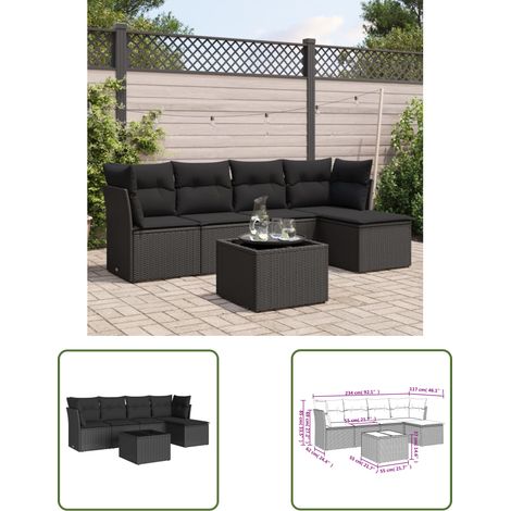 The Living Store Salon de jardin 6 pcs avec coussins noir résine tressée - Ensemble Salon De Jardin - Mobilier De Jardin - Canapé Jardin - Chaise Jardin - Table Basse Jardin (1/3)