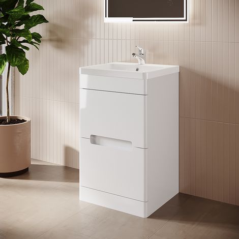 ELEGANT Bathroom Vanity Units without Handle Design White with High Gloss Resin Basin Floor Standing Double Drawers Vanity Unit Include Soft Slides (1/5)