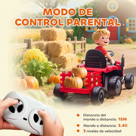 Tracteur électrique pour enfants avec remorque détachable, batterie 12V, vitesse 3-5 km/h, télécommande 2,4G, rouge. (1/5)