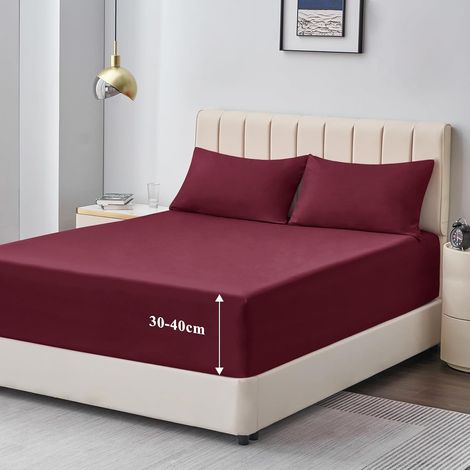 Drap Housse 180x200 Grand Bonnet 40 cm - Drap Housse 2 Personnes 180 x 200 Grand Bonnet 40 cm Matelas en Microfibre Oeko-Tex avec Élastique Tout Autour, Bordeaux (1/5)