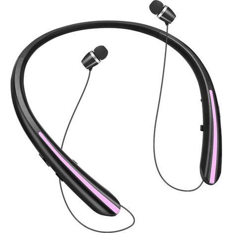Écouteurs Bluetooth noirs et violets, tour de cou sans fil pliable avec oreillettes rétractables, écouteurs stéréo anti-transpiration et réduction de bruit avec micro, idéaux pour le sport.
