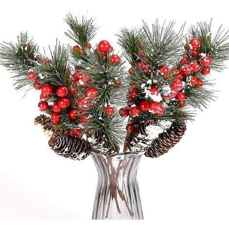 8 piezas - Rama de bayas artificiales de 12,6 pulgadas, flores de plástico falsas, piña de acebo rojo flocado con bayas de nieve (1/5)