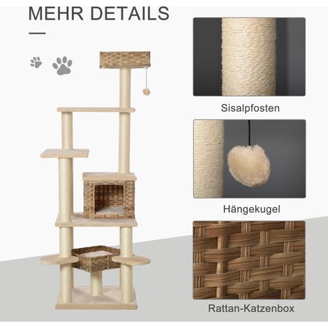 Arbre à chat en rotin avec cache, griffoir multi-niveaux pour chat, MDF E1, sisal, beige et marron, 55 x 55 x 174 cm (1/5)