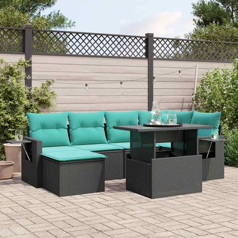 7-teiliges Gartensofa-Set mit Kissen, schwarzes Polyrattan (1/5)
