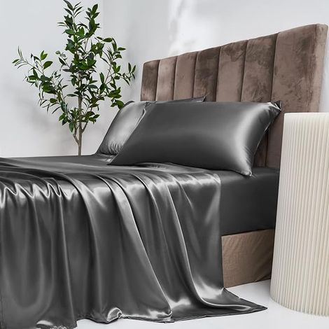 Drap-housse en satin 200x200 cm Gris Anthracite Soie Drap-housse en satin matelas jusqu'à 30 cm (1/4)