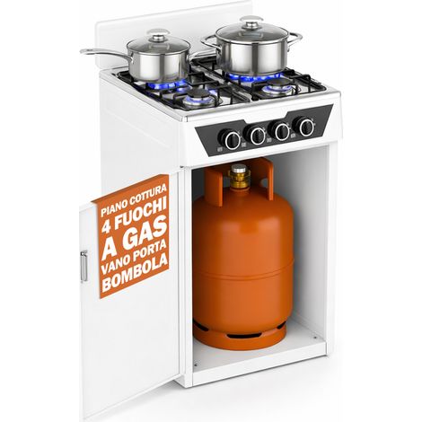 Cucina con Piano Cottura 4 Fuochi Gas da Esterni Bianco Paravento e Portabombola