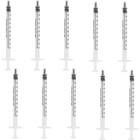 Packung mit 10 1-ml-Kunststoffspritzen, nadelfreie Dosierspritzen, wiederverwendbare sterile 1-ml-Spritzen für die wissenschaftliche Kolostrumanwendung.