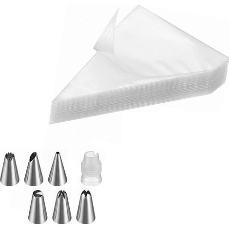 Poches à Douilles Jetables Épaissies, 100 Pièces + 6 Douilles INOX Avec Adaptateur, Pour Décoration Gâteaux, Pour Cupcakes, Pour Macarons, Pour Desserts (1/5)